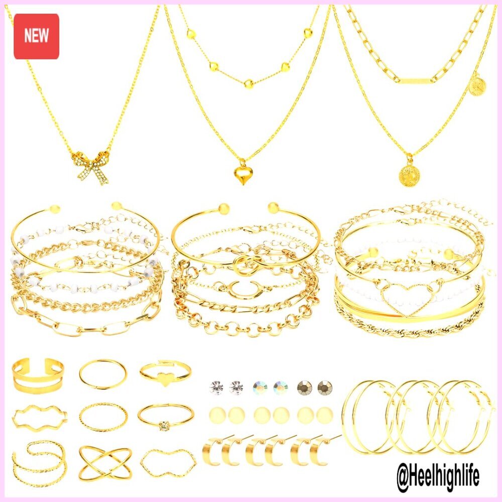 49 Piece Gold Plated Jewelry Set, Necklace Bracelet Ring Earrings, Alloy